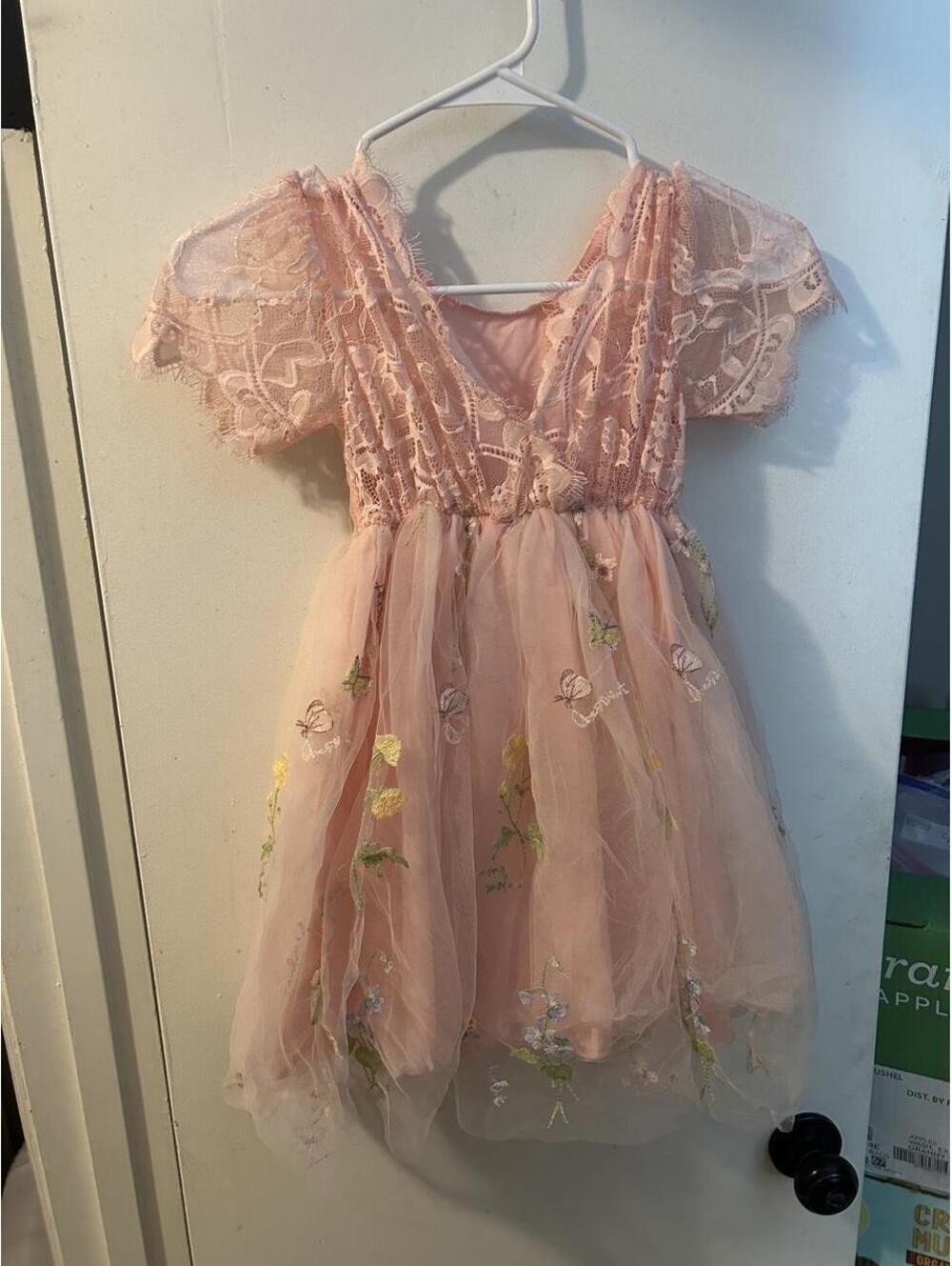 Pink floral embroidered dress with lace sleeves and tulle skirt, size 5Y